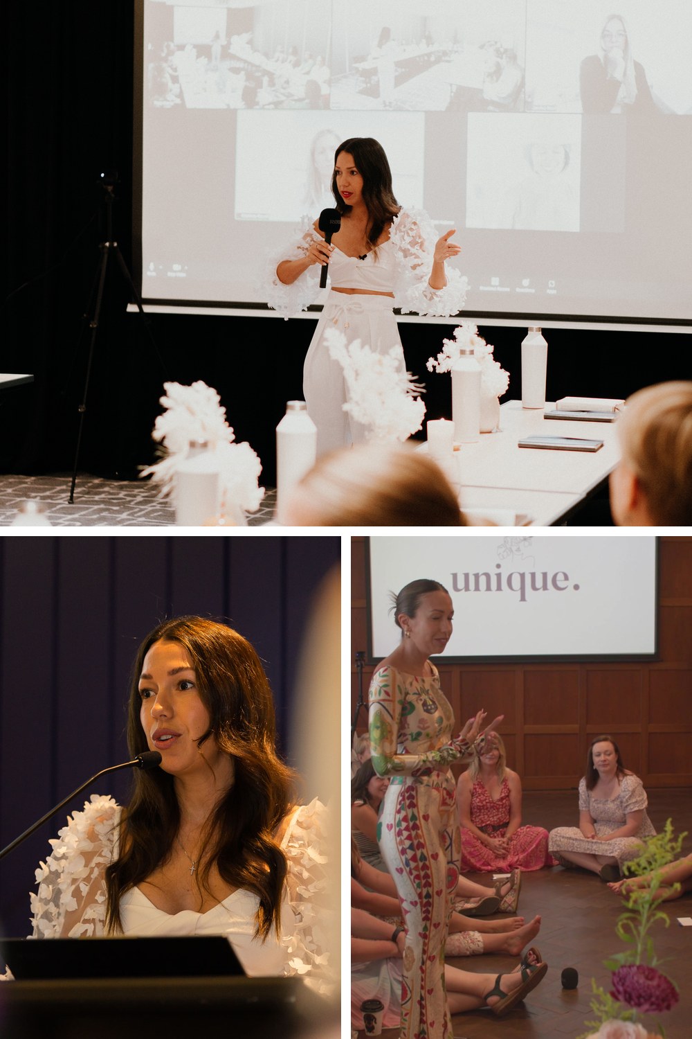 Tracy Harris teaching: on the microphone in front of the room, at the front of a live retreat session, and talking with the women in the room